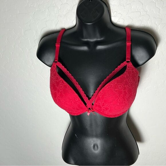Victoria’s Secret Red Lace Push Up Bra 34DD Cut out Lace Accent Very Sexy - Picture 2 of 12